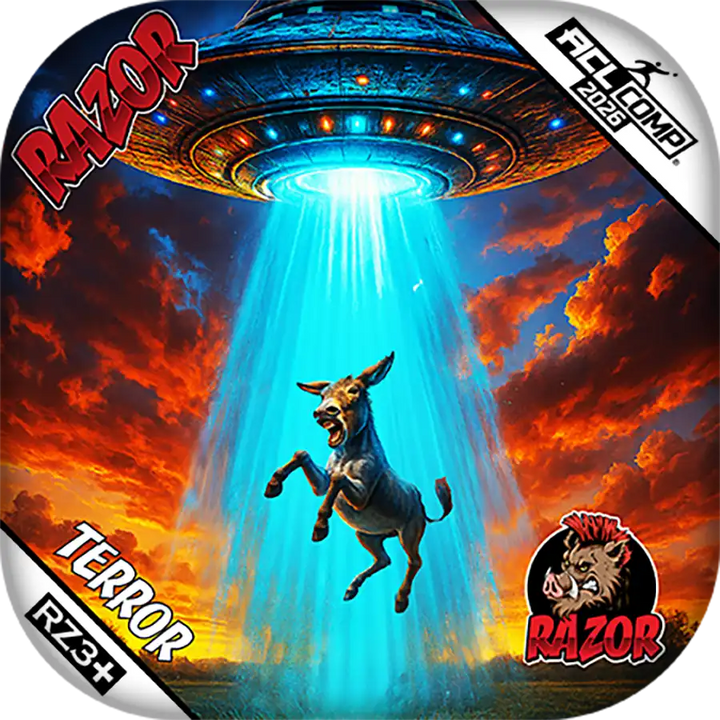 UFO with a donkey, set against a dramatic sky with red clouds, featuring the Razor brand.