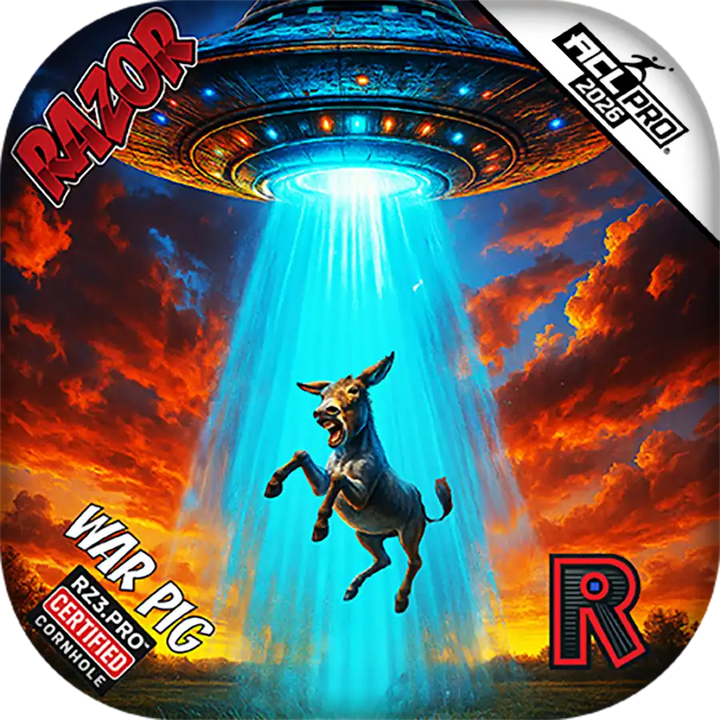 Futuristic alien spaceship with a donkey creature under a beam of light, set against a dramatic sky.