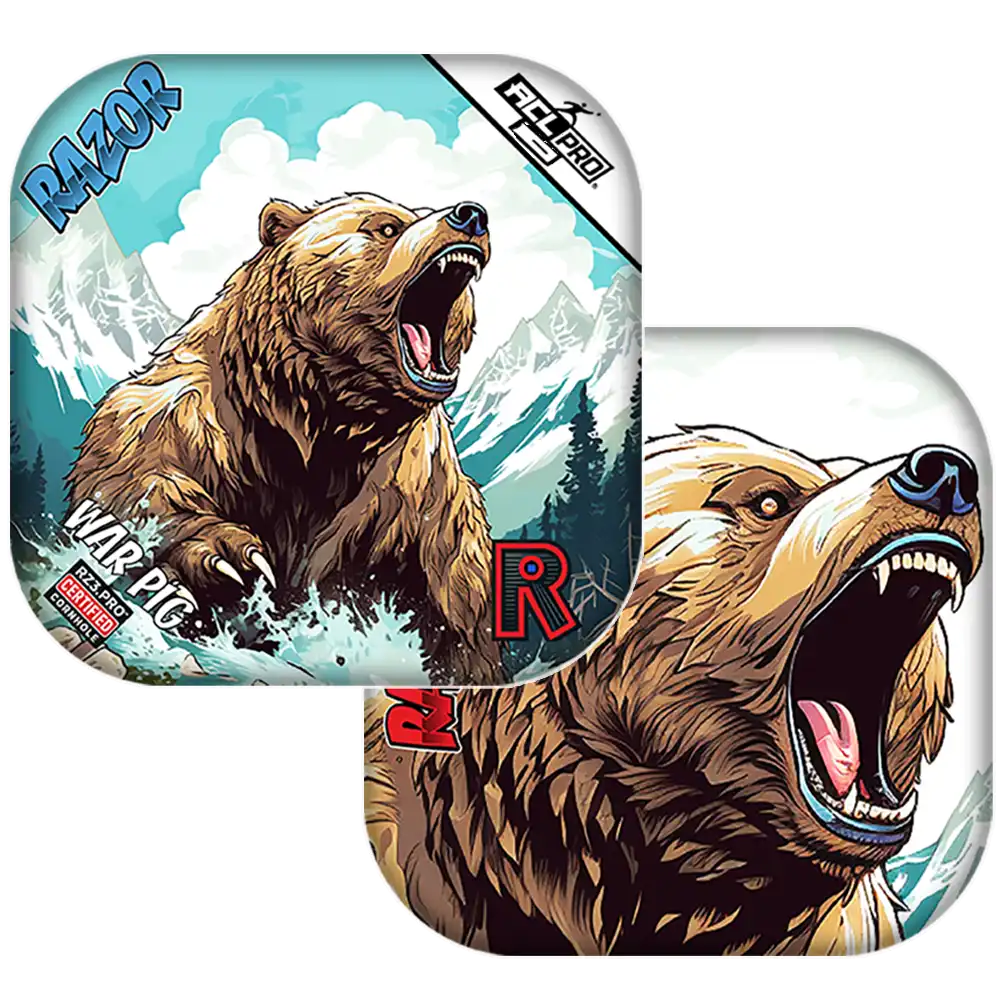 Bear-themed Cornhole bags with a mountain and snow design on a white background
