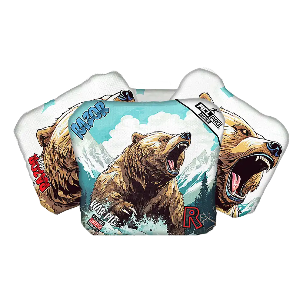 Cornhole bags with bear design and branding on a white background