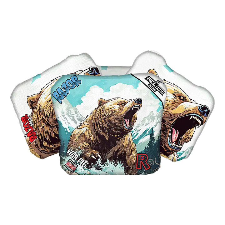 Cornhole bags with bear design and branding on a white background