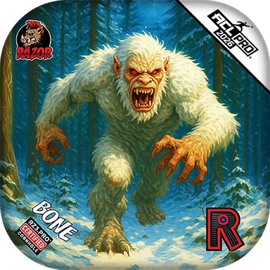 Monster in a snowy forest with 'Razor' and 'Futuro' branding on a round card.