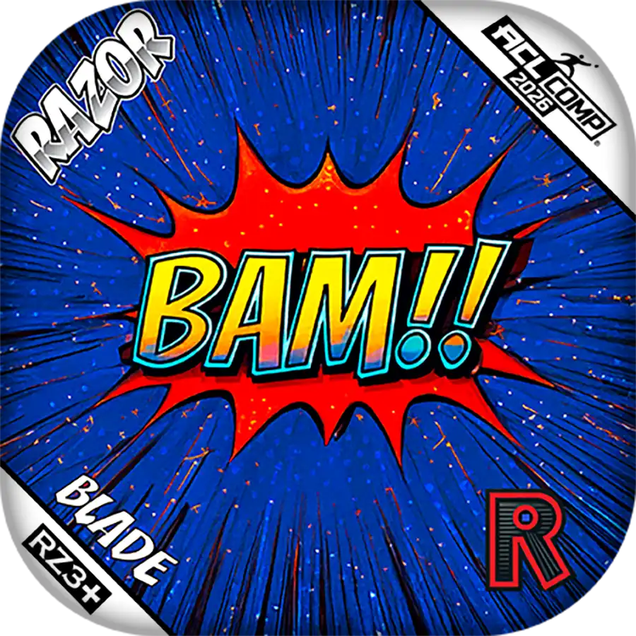 Product packaging with 'BAM!' graphic and brand names on a blue and red background