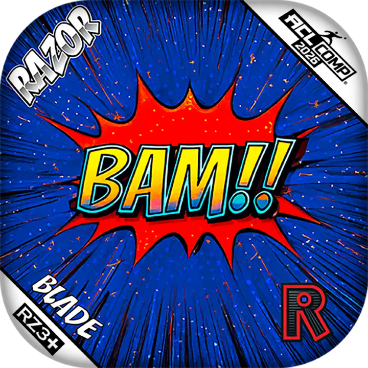 Product packaging with 'BAM!' graphic and brand names on a blue and red background
