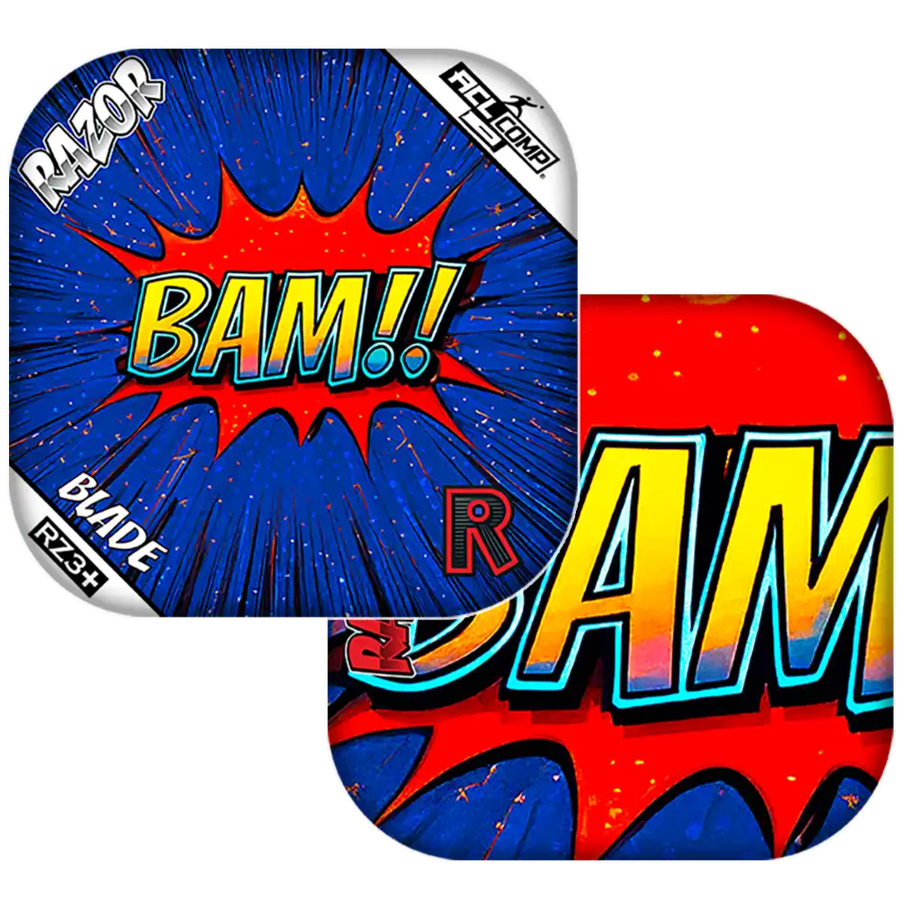 Two razor blades with 'BAM!' graphic design on a white background