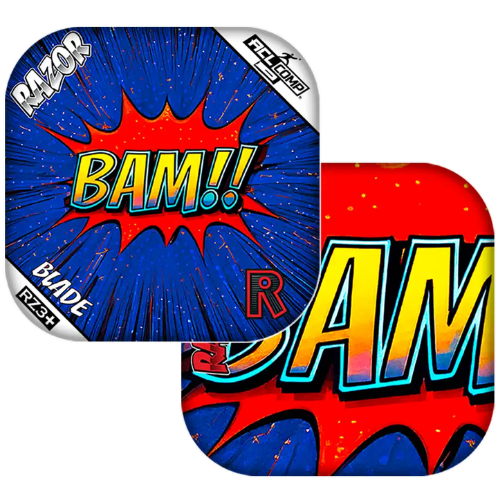 Two razor blades with 'BAM!' graphic design on a white background