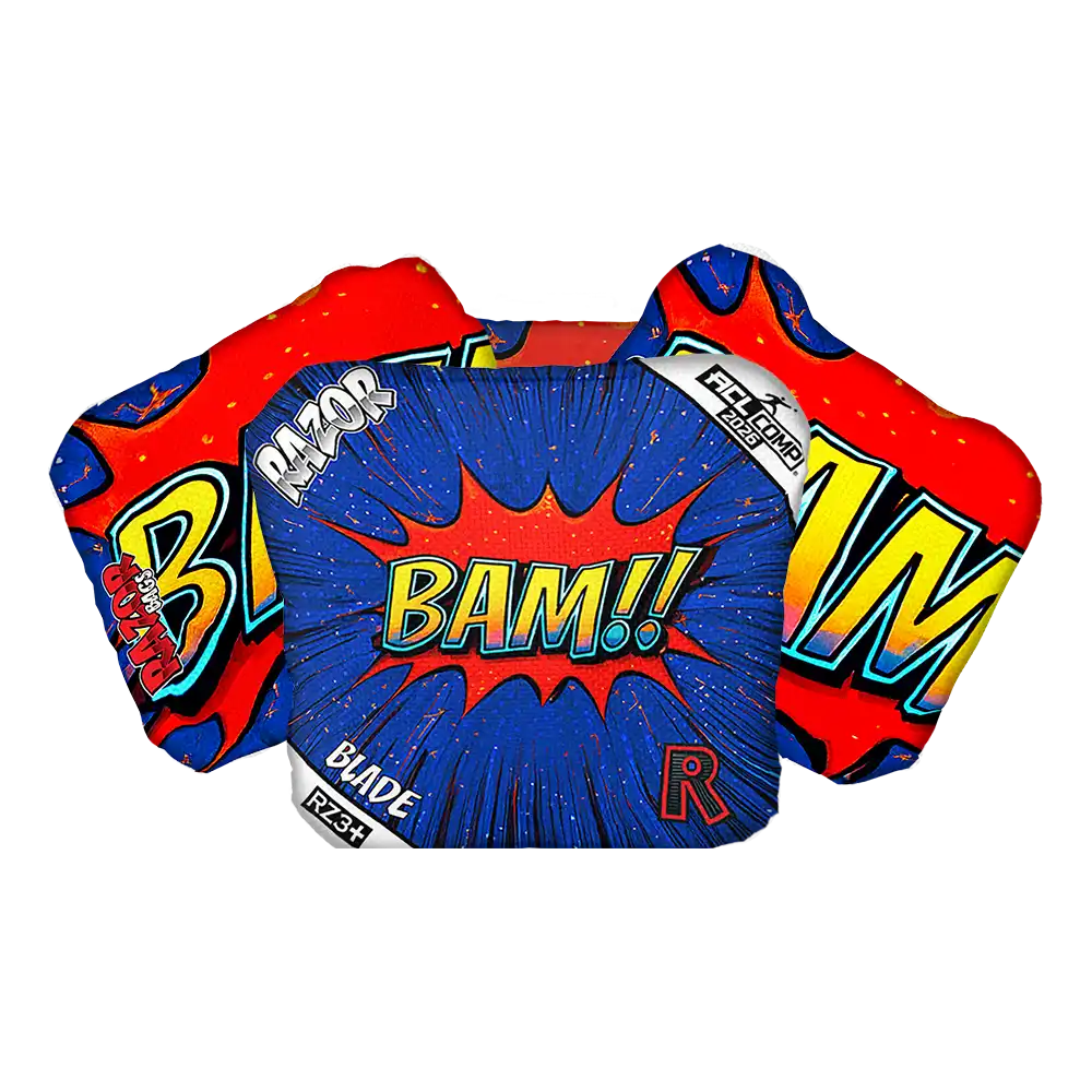 Comic-style chest protector with 'BAM!' and 'RAZOR' text on a white background