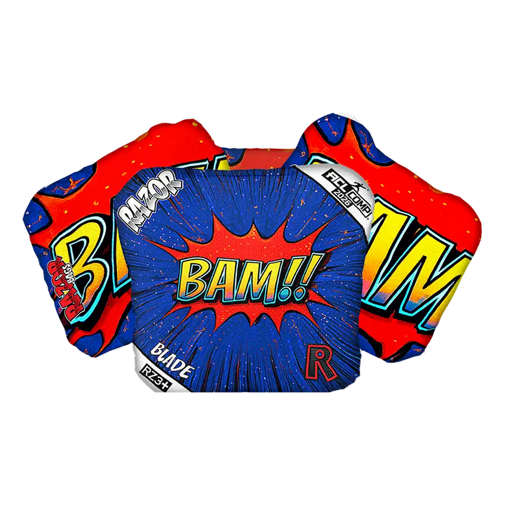 Comic-style chest protector with 'BAM!' and 'RAZOR' text on a white background