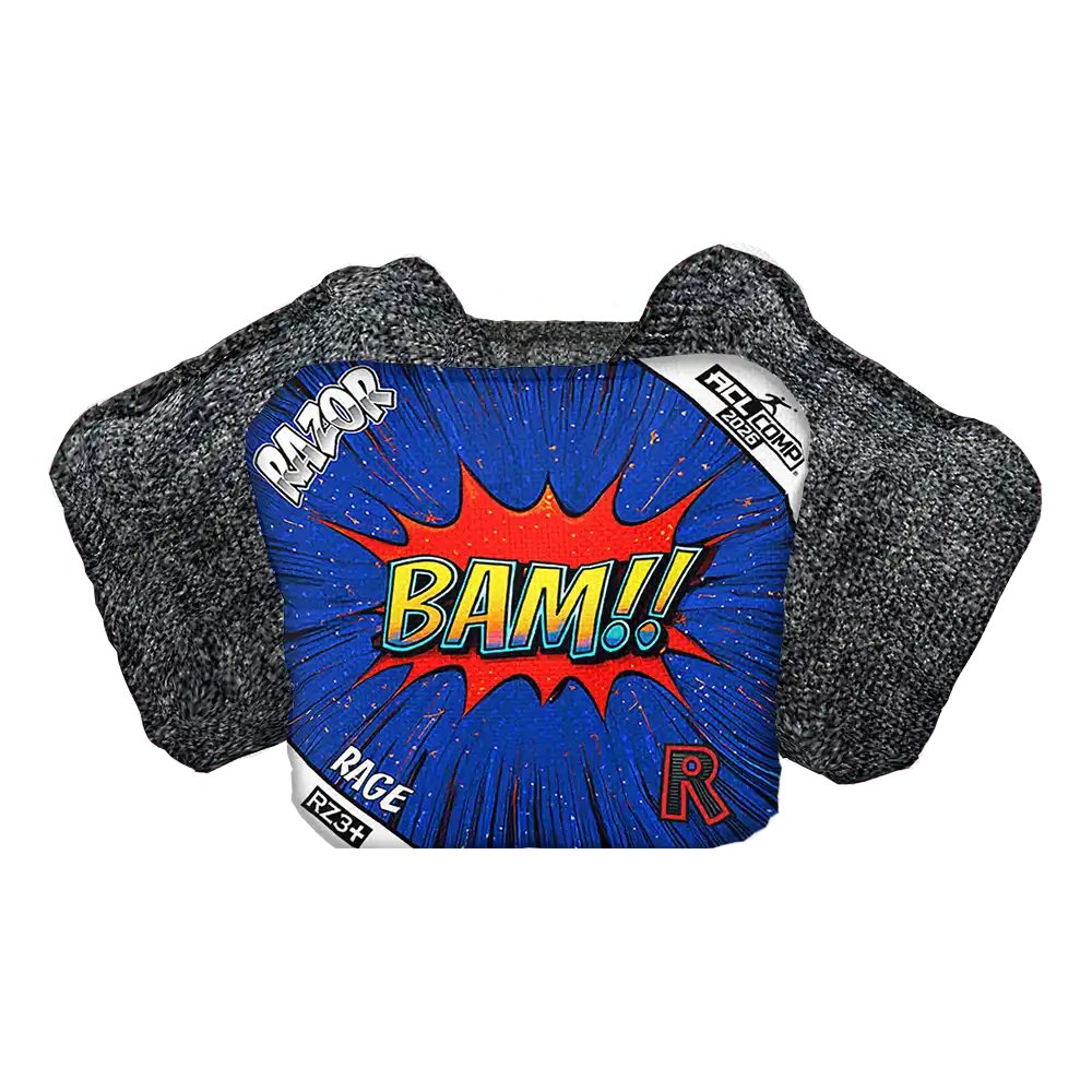 Cornhole Bag with a blue center featuring the word 'BAM!' on a white background