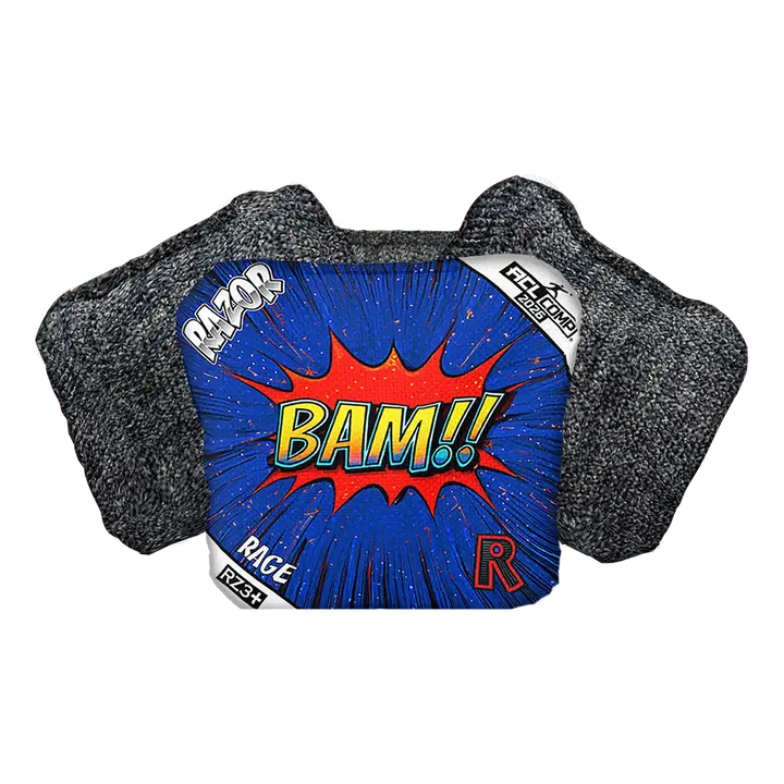 Cornhole Bag with a blue center featuring the word 'BAM!' on a white background