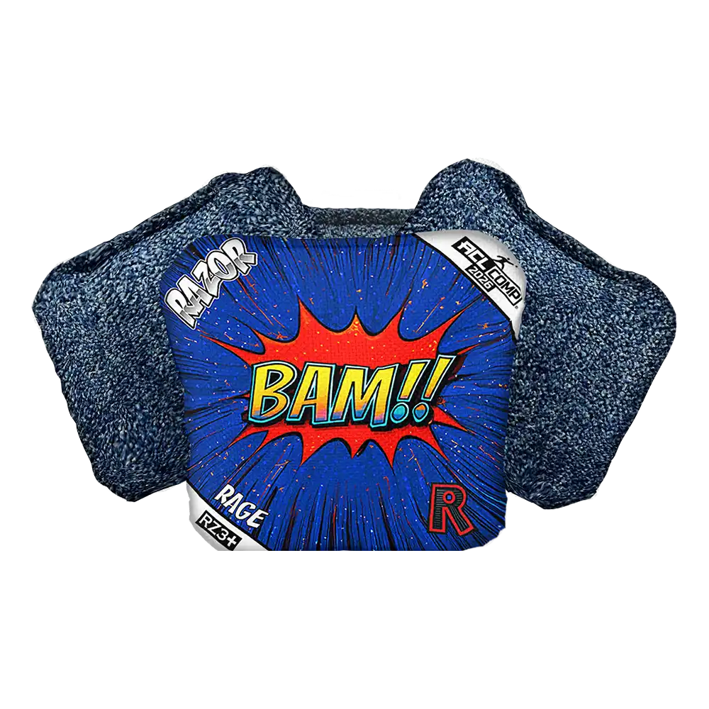 Cornhole Bags with 'BAM!' graphic and Razor logo on a white background