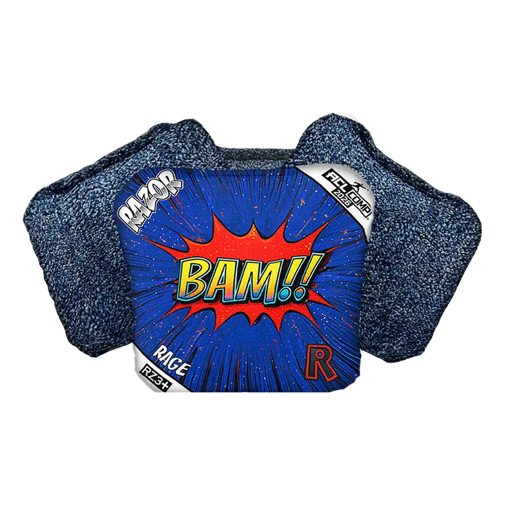 Cornhole Bags with 'BAM!' graphic and Razor logo on a white background