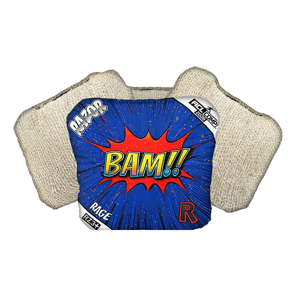 Cornhole Bag with 'BAM!' graphic and Razor Rage branding on a white background
