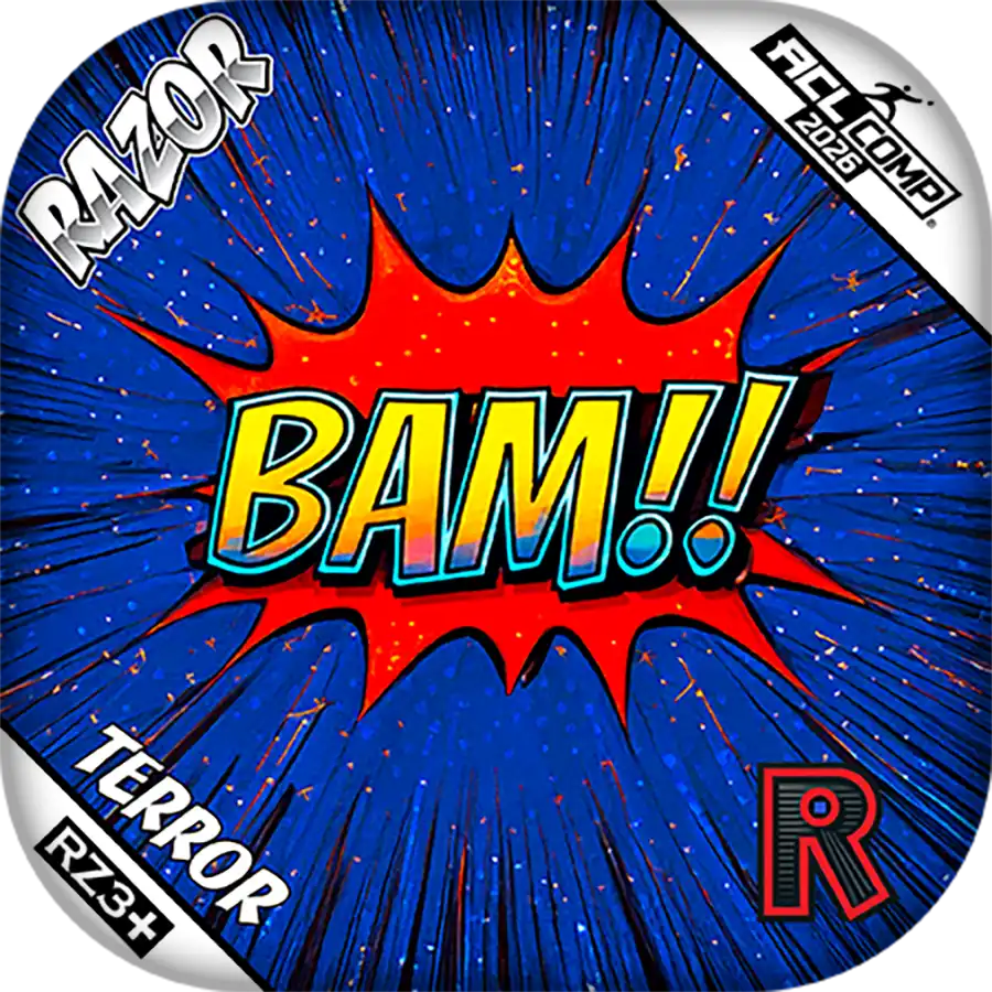 Cornhole Bag with 'BAM!!' graphic and branding elements.
