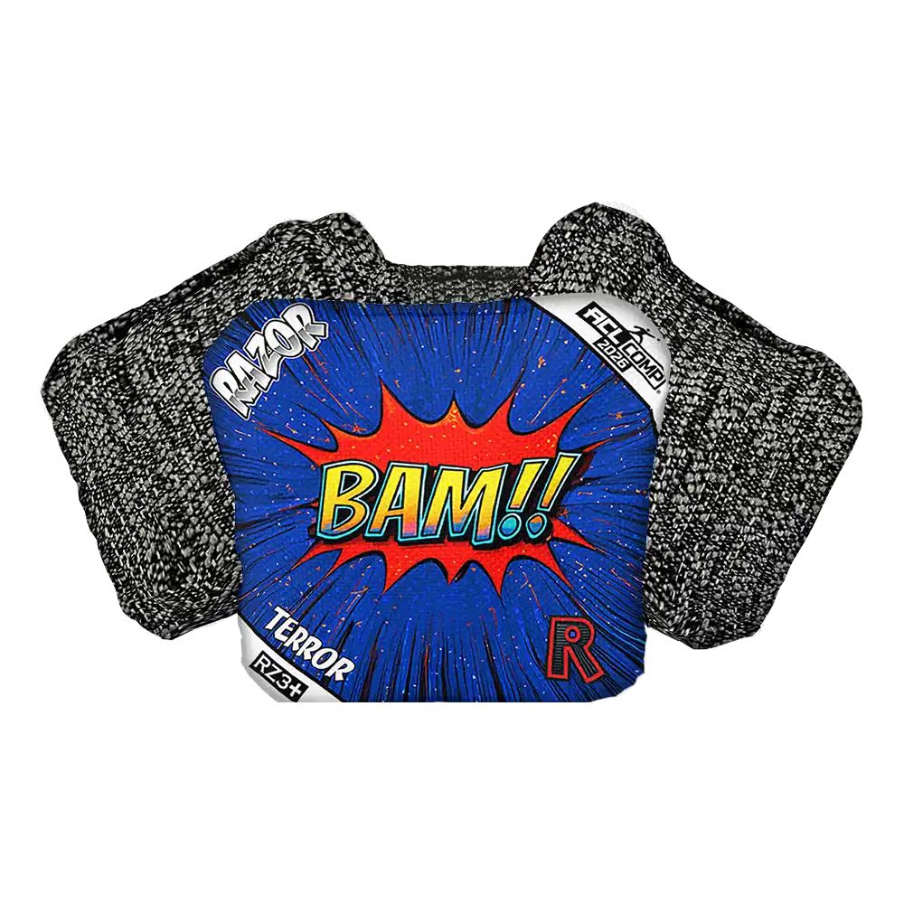 Cornhole Bag with 'BAM!' graphic and text on a white background
