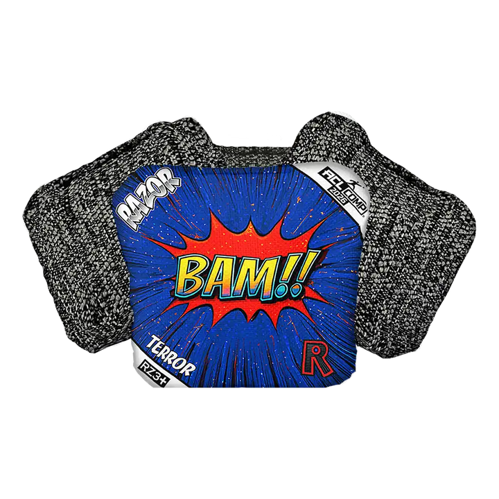 Cornhole Bag with 'BAM!' graphic and text on a white background