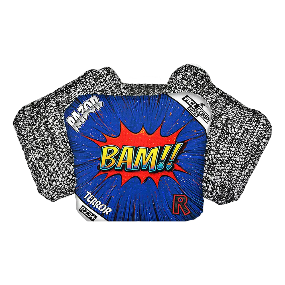 Cornhole Bag with 'BAM!' graphic and textured sides on a white background
