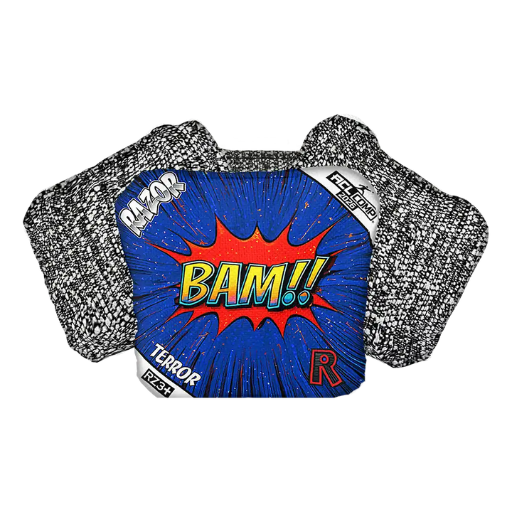 Cornhole Bag with 'BAM!' graphic and textured sides on a white background