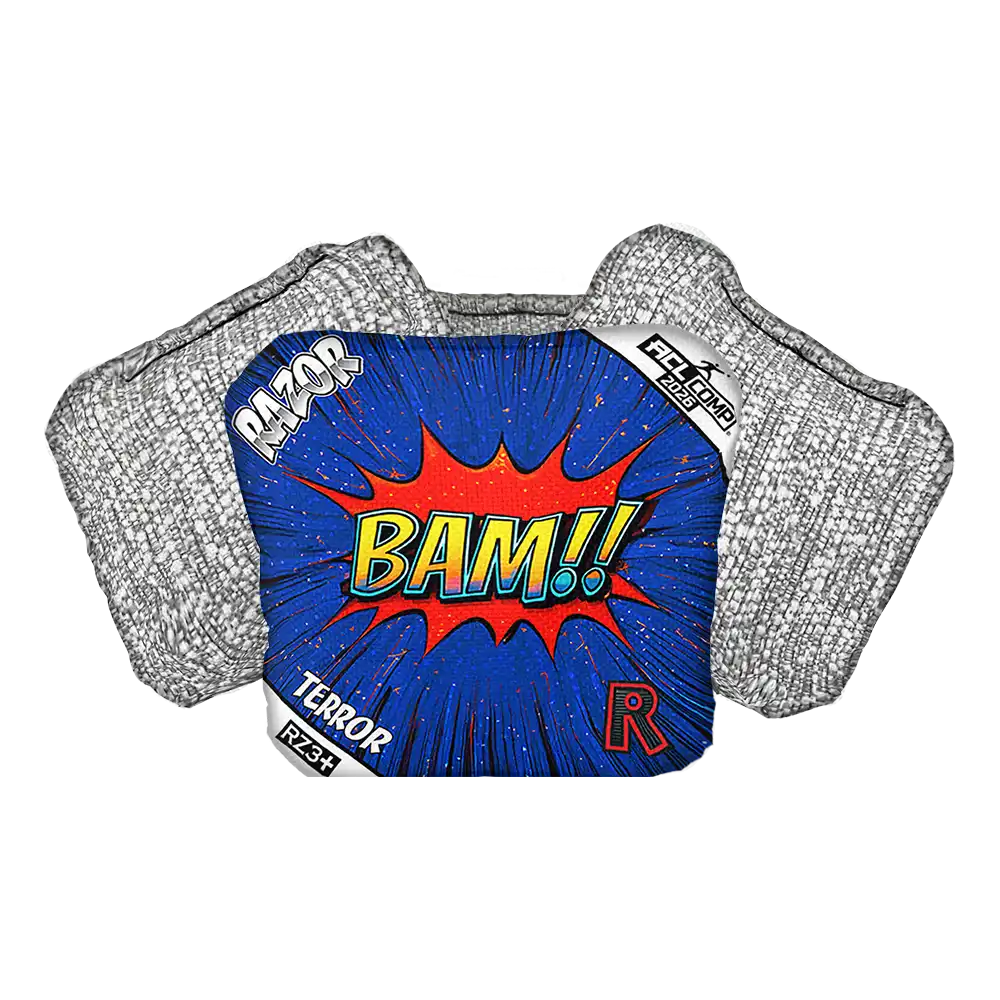 Cornhole Bag with comic book-style design featuring the word 'BAM!' on a white background