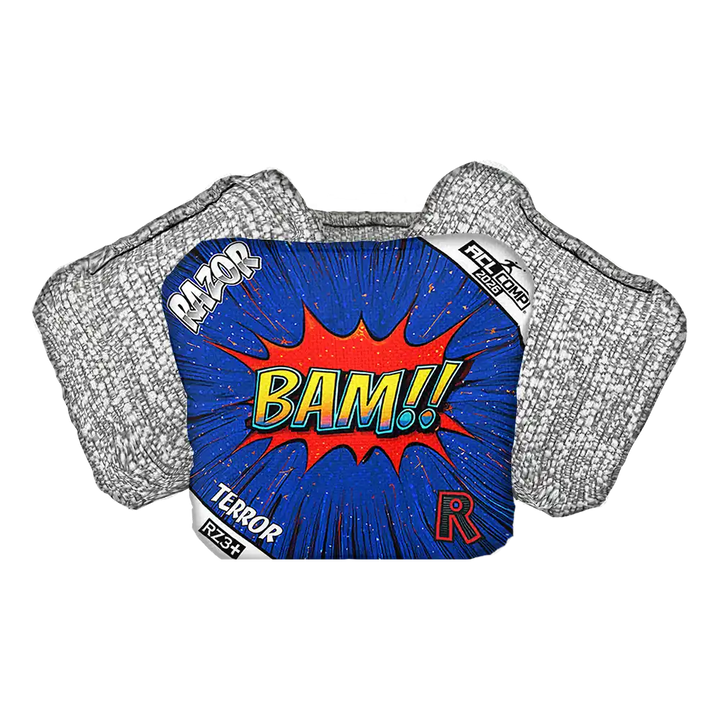 Cornhole Bag with comic book-style design featuring the word 'BAM!' on a white background