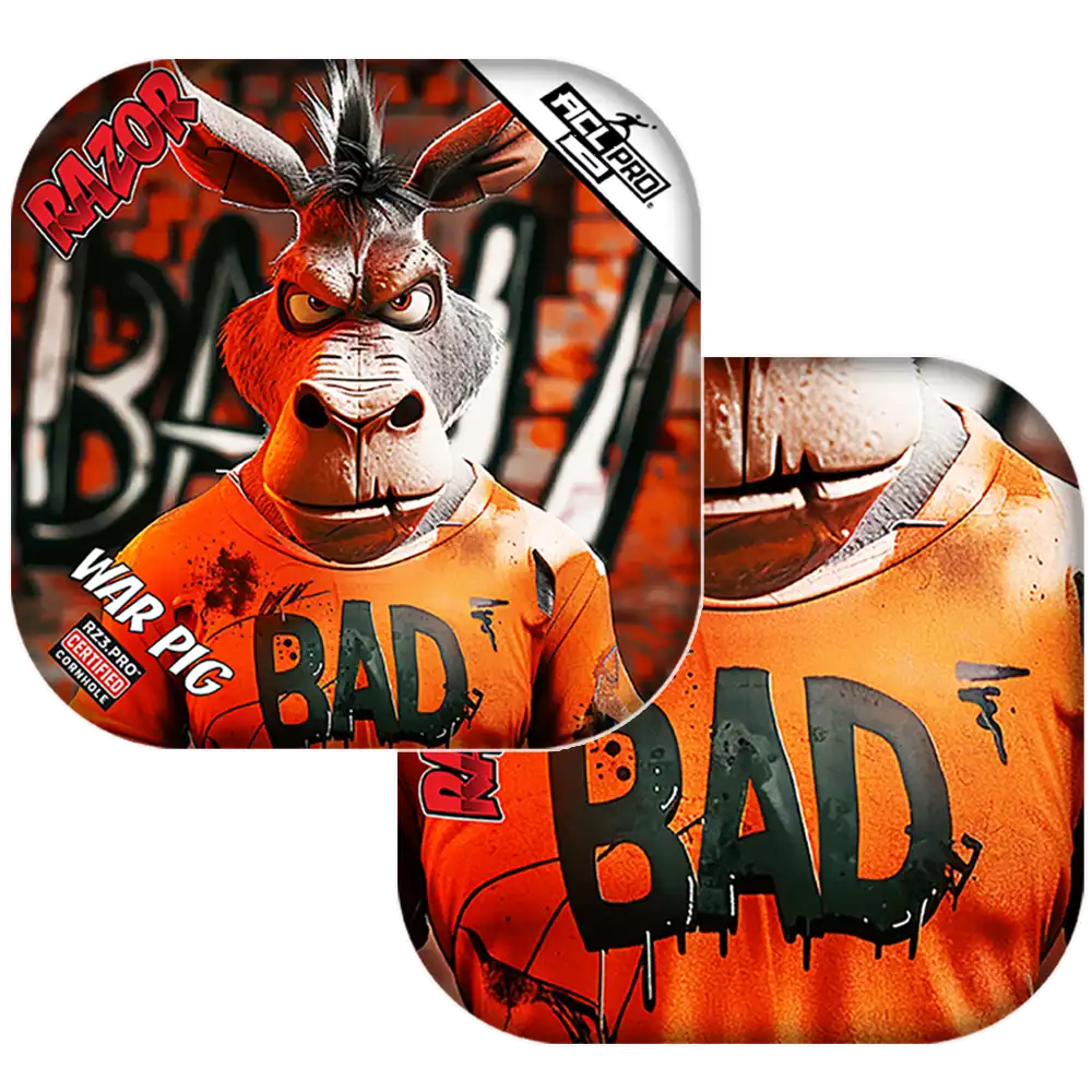 Cornhole bags with animated character with 'BAD' text on an orange shirt, surrounded by promotional graphics.