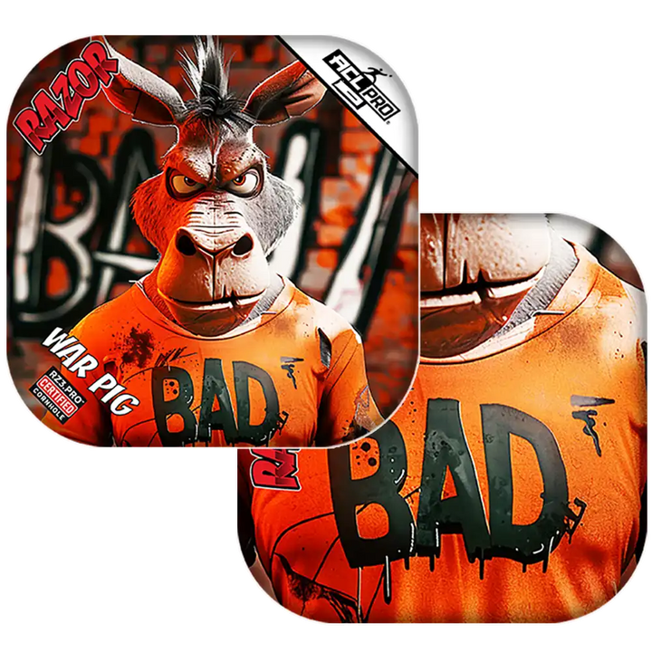 Cornhole bags with animated character with 'BAD' text on an orange shirt, surrounded by promotional graphics.