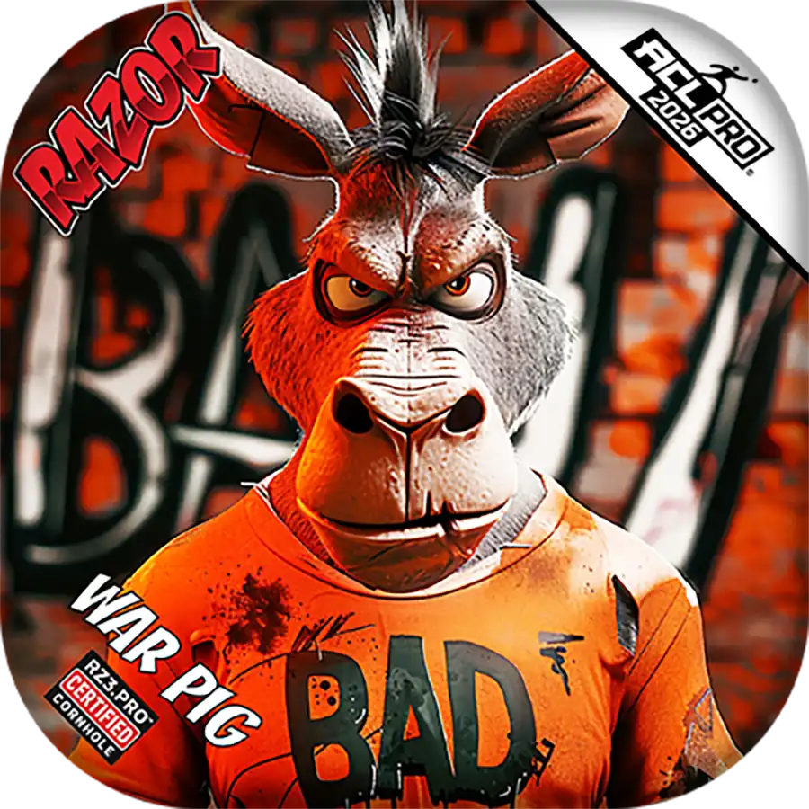 Cornhole bags with animated donkey character with 'RAZOR' and 'BAD' text on an orange background