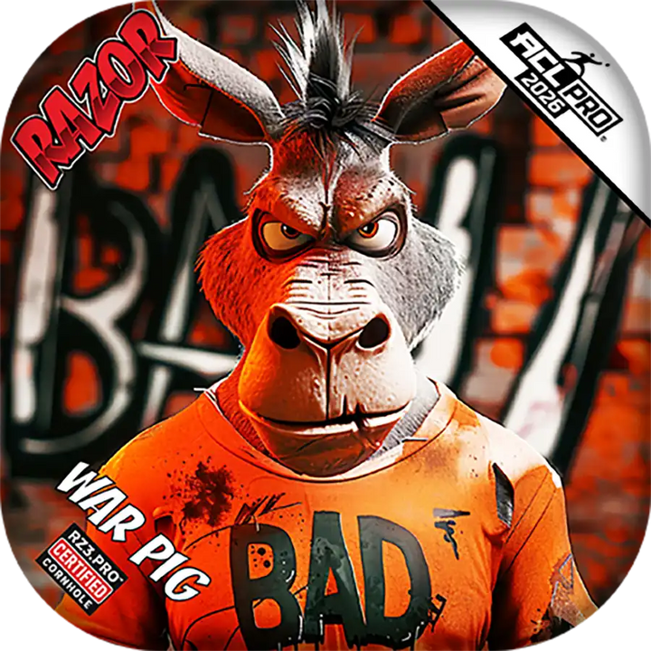 Cornhole bags with animated donkey character with 'RAZOR' and 'BAD' text on an orange background