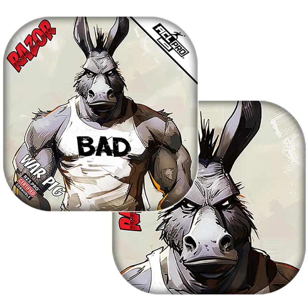 Cornhole bags with Cartoon donkey character with 'BAD' text on a white background
