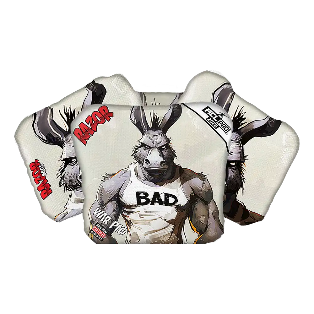 Cornhole bags feature donkey with graphic designs and text on a white background