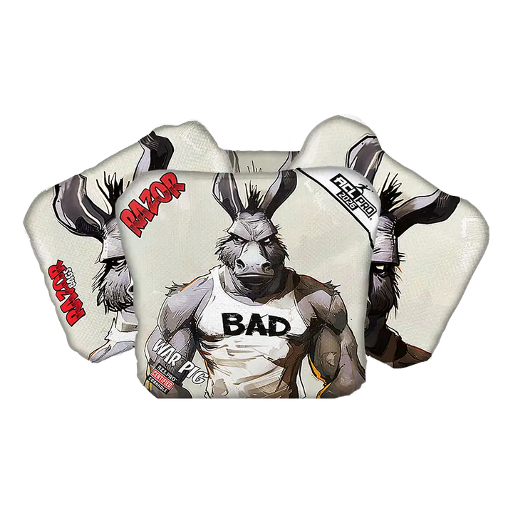 Cornhole bags feature donkey with graphic designs and text on a white background