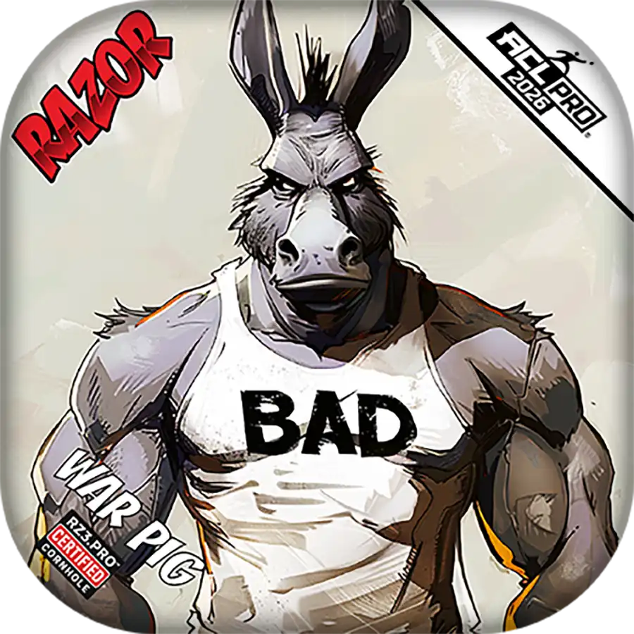 Cornhole bags with Cartoon donkey character with 'BAD' shirt and 'RAZOR' text on a white background