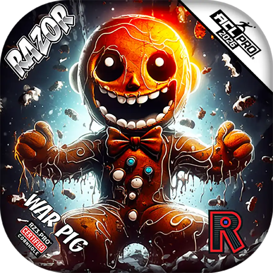 Cornhole bags with glowing ginger bread man with bow tie on a dark background with 'RAZOR' branding.