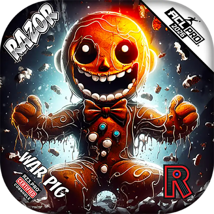 Cornhole bags with glowing ginger bread man with bow tie on a dark background with 'RAZOR' branding.