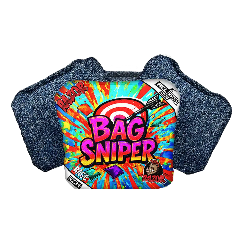 Bag Sniper Cornhole Bags with colorful label and blue textured surface