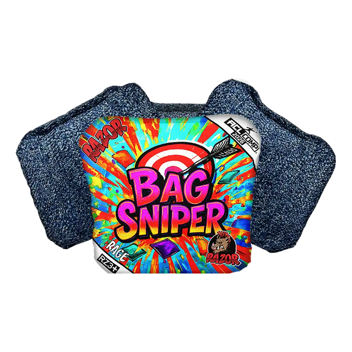 Bag Sniper Cornhole Bags with colorful label and blue textured surface