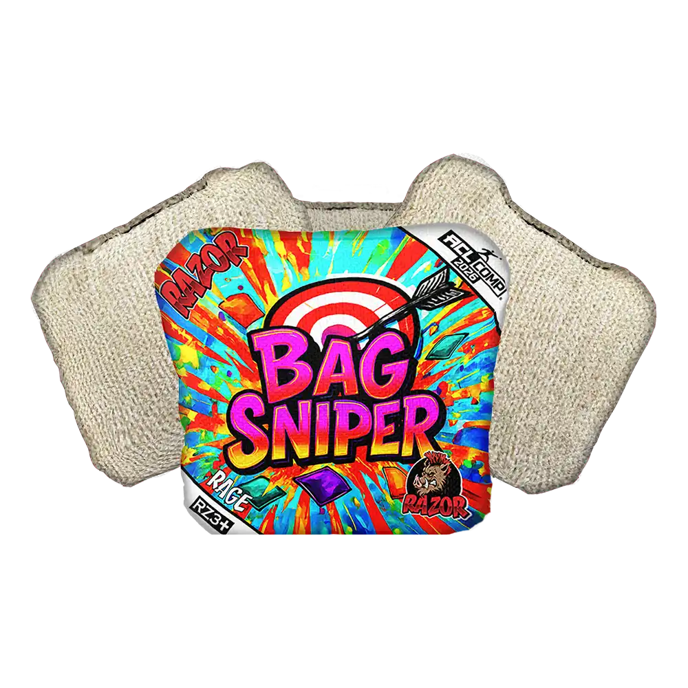 Bag Sniper Cornhole Bag with colorful label on a white background