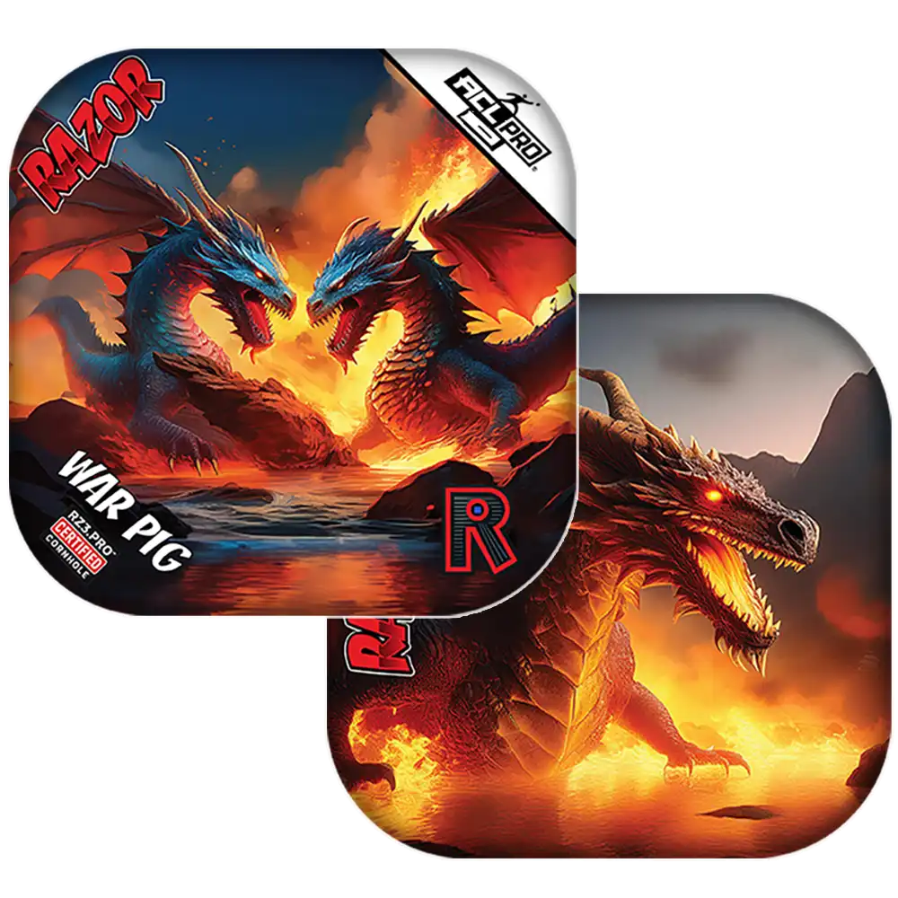 Dragon-themed Cornhole bags with fiery design and 'Razor' branding.