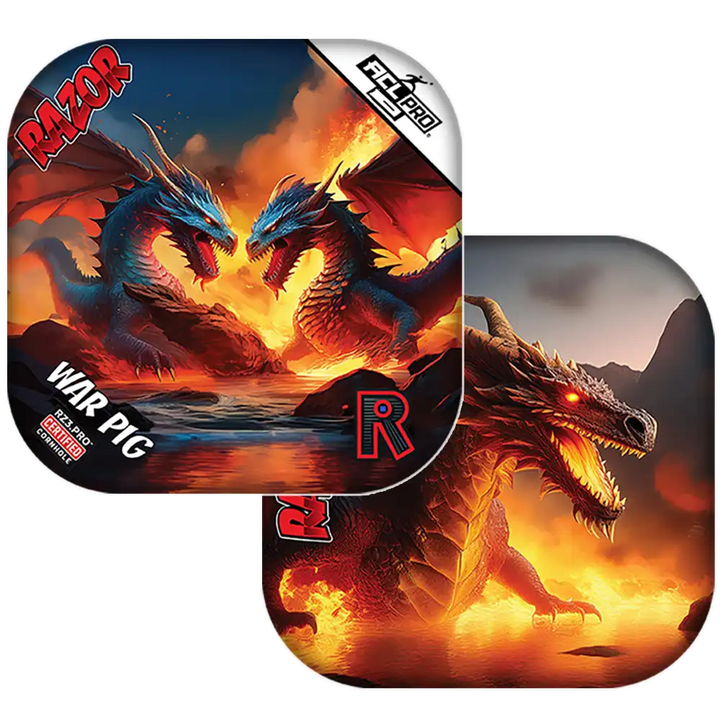 Dragon-themed Cornhole bags with fiery design and 'Razor' branding.
