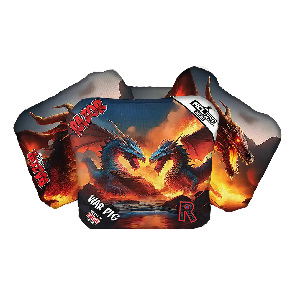 Cornhole bags with dragon design and Razor and War Pig branding on a white background.