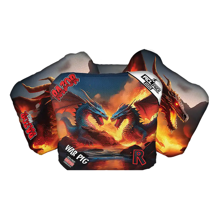Cornhole bags with dragon design and Razor and War Pig branding on a white background.