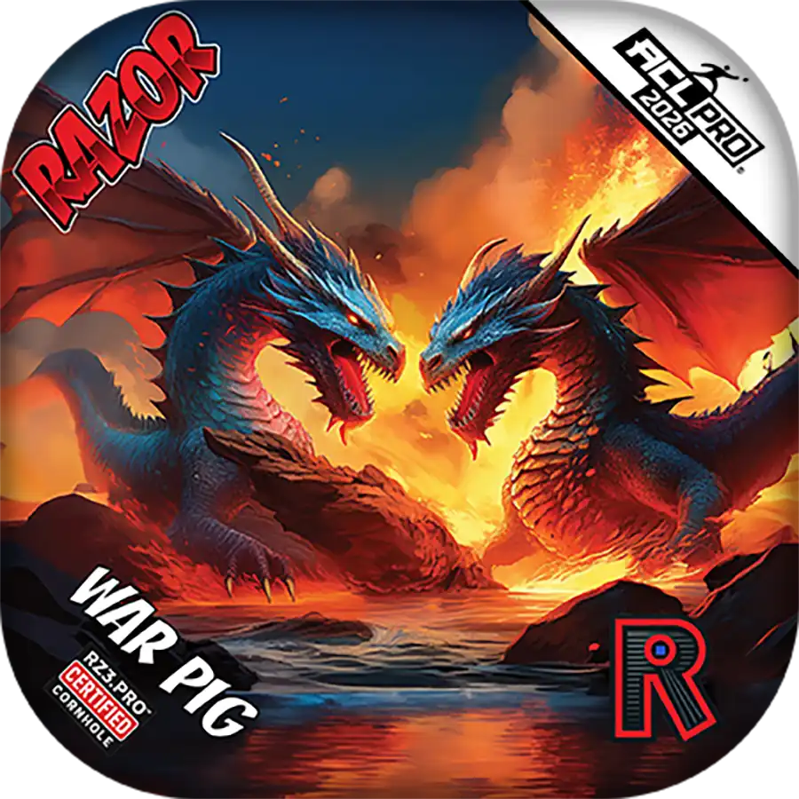 Cornhole bags with Two dragons facing each other with a fiery background, featuring the Razor logo.