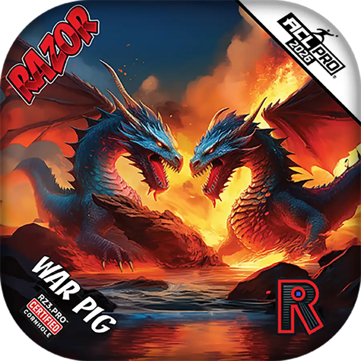 Cornhole bags with Two dragons facing each other with a fiery background, featuring the Razor logo.