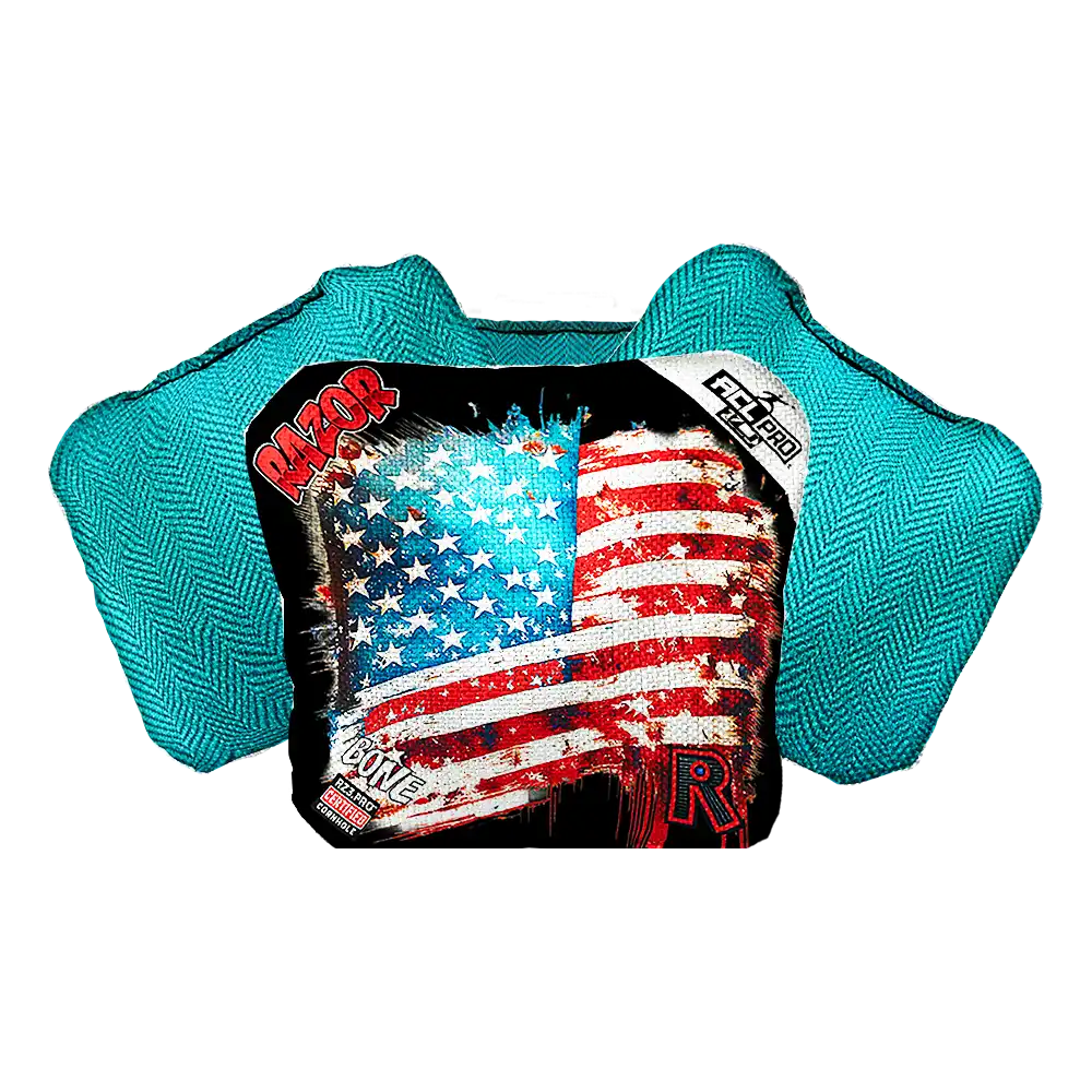 Turquoise Cornhole bag with American flag design and Razor logo on a white background