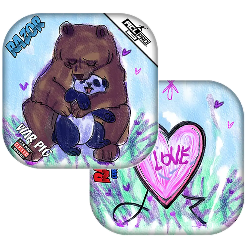 Cornhole bags with cartoon bear and panda design and 'I Love' heart on a colorful background.
