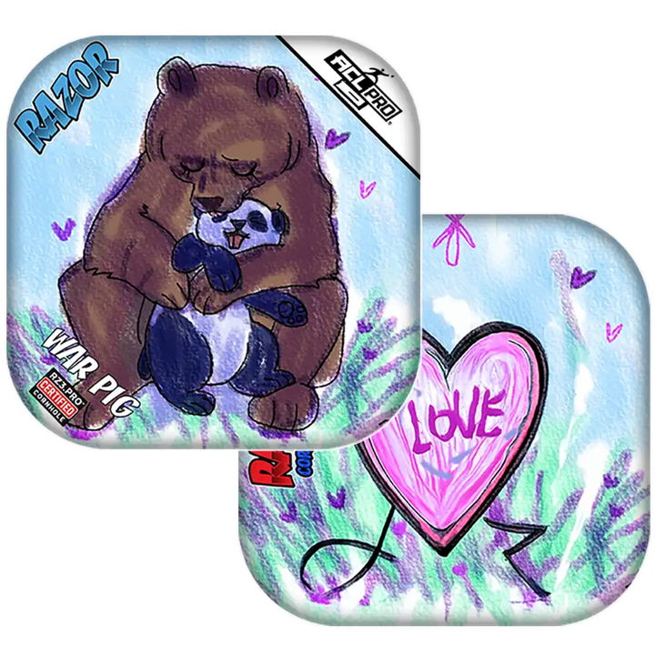 Cornhole bags with cartoon bear and panda design and 'I Love' heart on a colorful background.