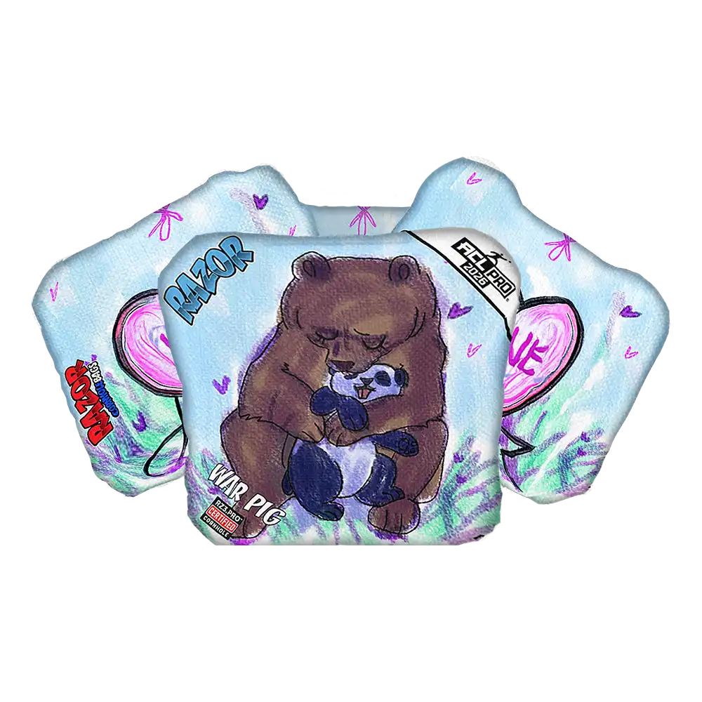 Bear-themed Cornhole bags with colorful designs on a white background