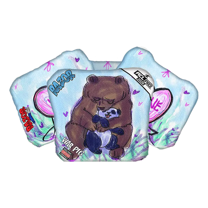 Bear-themed Cornhole bags with colorful designs on a white background