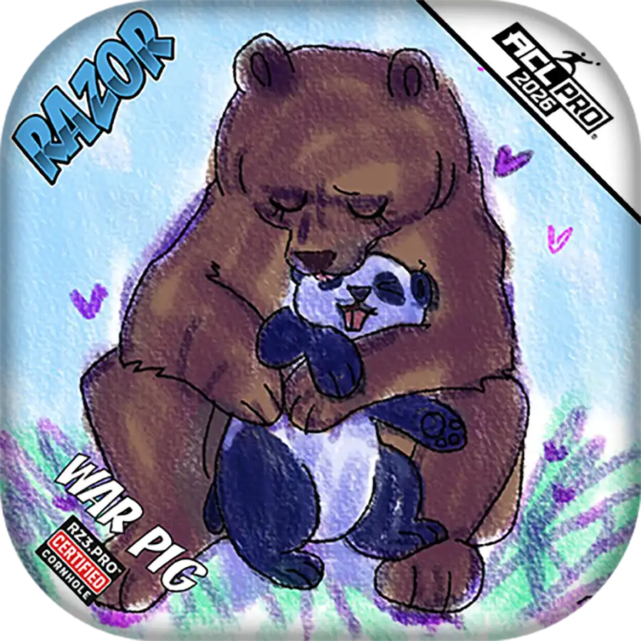 Cornhole bags featuring Cartoon bear holding a panda with 'RAZOR' and 'WAR PIG' text on a colorful background