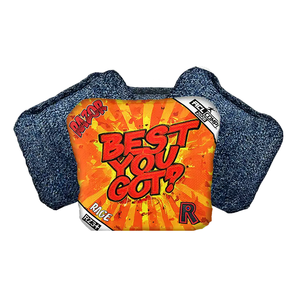 Cornhole Bag with 'Best You Got?' text on an orange background